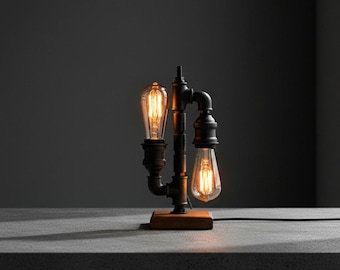 Steampunk Table Lamp,Industrial Pipe Desk Lamp with Wooden Base, ,Edison Bulb Nightlight, Rustic Home Office Decor