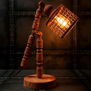 Steampunk Table Lamp, Industrial Pipe Table Lamp with Edison Bulb – Rustic Metal Desk Lamp – Handmade Steampunk Nightstand Lighting