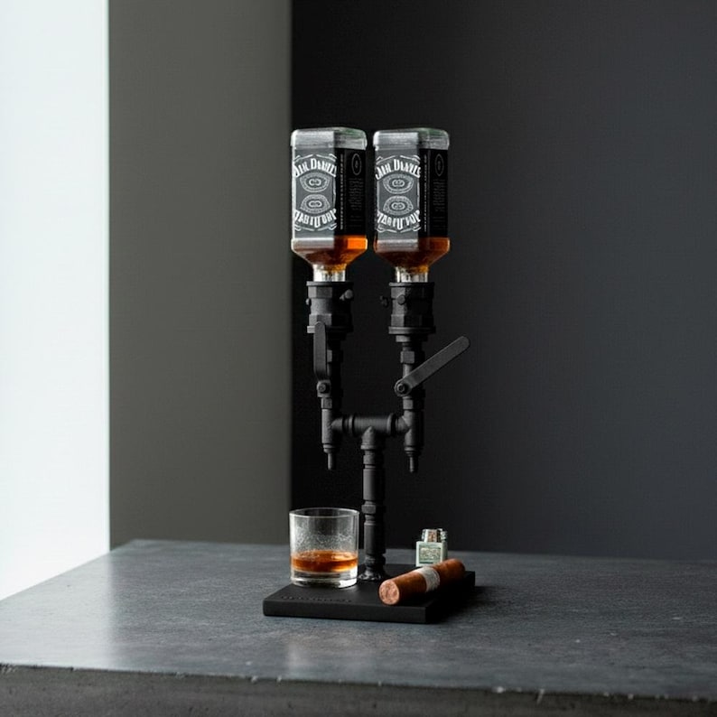 May include: A black metal liquor dispenser with two bottles of whiskey. A glass of whiskey, a cigar, and a lighter sit on a black base. The dispenser is on a gray surface against a dark gray background.