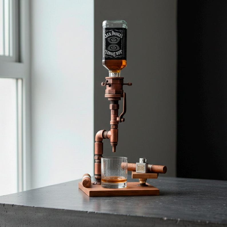 May include: A copper and wood liquor dispenser with a glass of amber liquid. The dispenser is designed to hold a liquor bottle and dispense the contents into a glass. The dispenser is on a wooden base.
