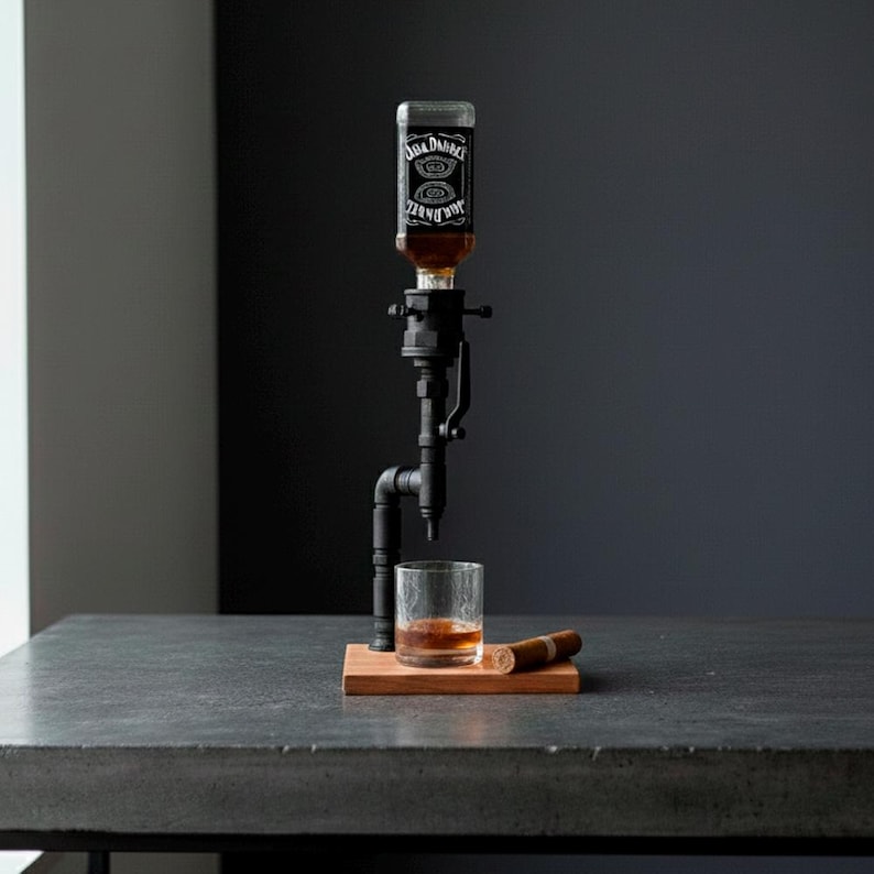 May include: A black metal liquor dispenser with a Jack Daniel's bottle attached, dispensing amber liquid into a glass. A wooden coaster holds the glass and a cigar. The setup is on a dark gray surface.