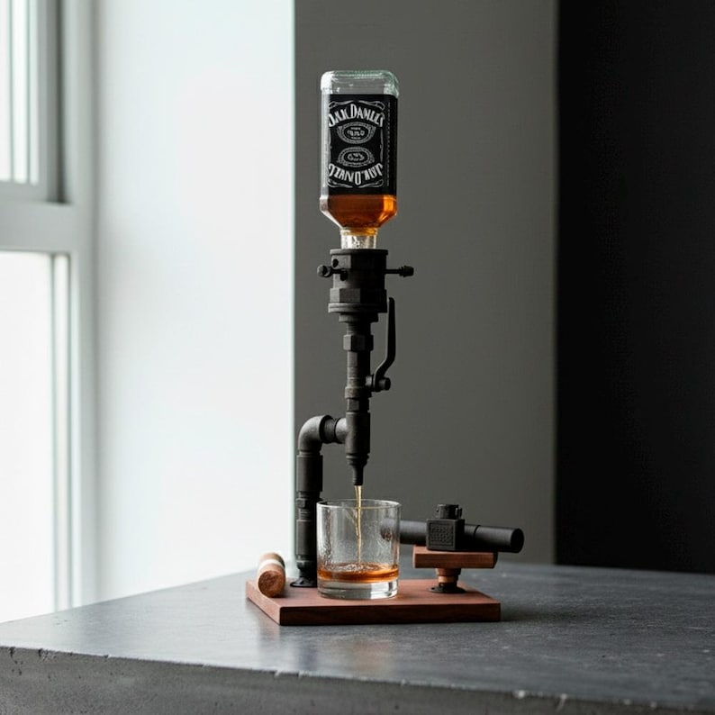 May include: A black metal liquor dispenser with a Jack Daniel's bottle attached. The dispenser is pouring amber liquid into a glass. The setup includes a wooden base and a small wooden stopper.