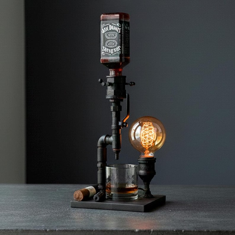 May include: A black metal liquor dispenser with a Jack Daniel's bottle, a glass of whiskey, and a lit Edison bulb. A cigar rests on the wooden base. The dispenser has a steampunk aesthetic.