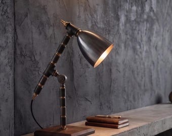 Vintage  Industrial Desk Lamp with Walnut Base, Handcrafted Pipe Light for Office Decor