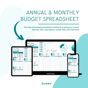 Op de afbeelding: Een digitale illustratie van een laptop, tablet en smartphone waarop een groene en witte budgetspreadsheet-sjabloon wordt weergegeven. De sjabloon heeft de titel "Jaarlijkse en maandelijkse budgetspreadsheet" en bevat een kalender, inkomsten- en uitgavencategorieën en een cirkeldiagram.