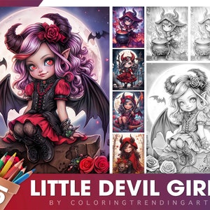 25 Little Devil Girls Grayscale Kolorowanki dla Dorosłych, Kolorowanka Halloween, Natychmiastowe Pobieranie, Ciemna/Jasna Ilustracja PDF JPG