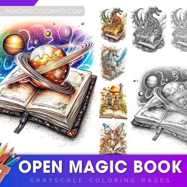 25 Open Magic Book Grayscale Coloring Pages for Adults, Kids, Instant Download, Dark/Light Illustration PDF JPG