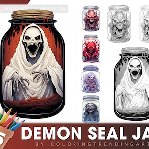 25 Demon Seal Jar Coloring Pages for Adults, Kids, Instant Download, Dark/Light Grayscale Illustration PDF JPG