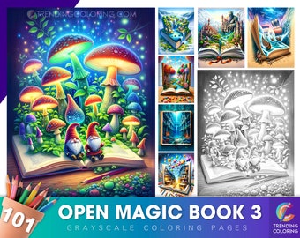 101 Open Magic Book 3 Grayscale Coloring Pages - Adult Coloring Book, Instant Download, Dark & Light Illustrations, Printable PDF/JPG