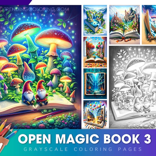 101 Open Magic Book 3 Graustufen Malseiten - Malbuch für Erwachsene, Sofortdownload, Illustrationen für Hell & Dunkel, druckbare PDF/JPG