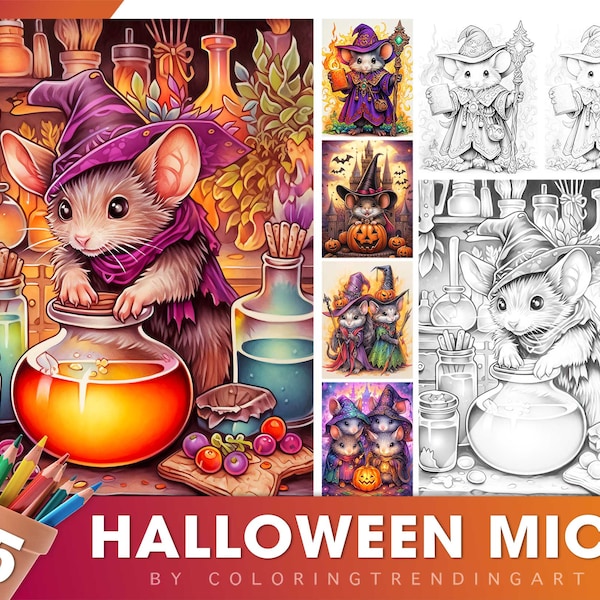 25 Halloween Mice Grayscale Coloring Pages for Adults, Halloween Coloring Page, Instant Download, Dark/Light Illustration PDF JPG