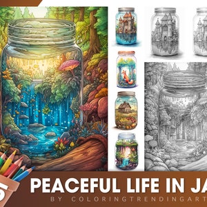 25 Peaceful Life In Jar Grayscale Coloring Pages for Adults, Kids, Instant Download, Dark/Light Illustration PDF JPG
