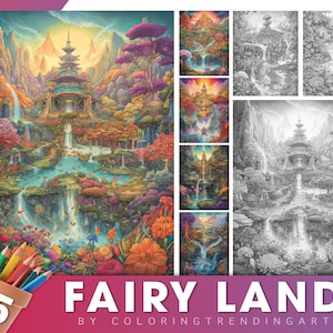 25 Fairy Land Grayscale Coloring Pages for Adults, Kids, Instant Download, Dark/Light Illustration PDF JPG
