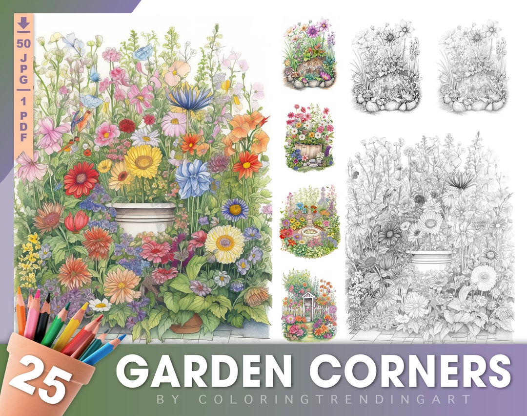 25 Garden Corners Grayscale Coloring Pages for Adults, Instant Download ...