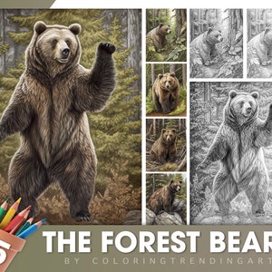 25 The Forest Bears Grayscale Coloring Pages -  Adults/Kids Coloring Book, Instant Download, Dark/Light Illustration PDF JPG