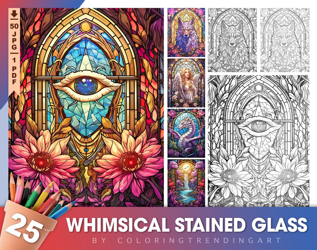25 Whimsical Stained Glass Grayscale Coloring Pages - Adult Coloring ...