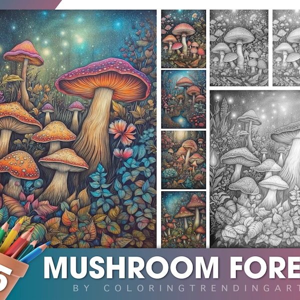 25 Mushroom Forest Grayscale Coloring Pages -  Adults/Kids Coloring Book, Instant Download, Dark/Light Illustration PDF JPG