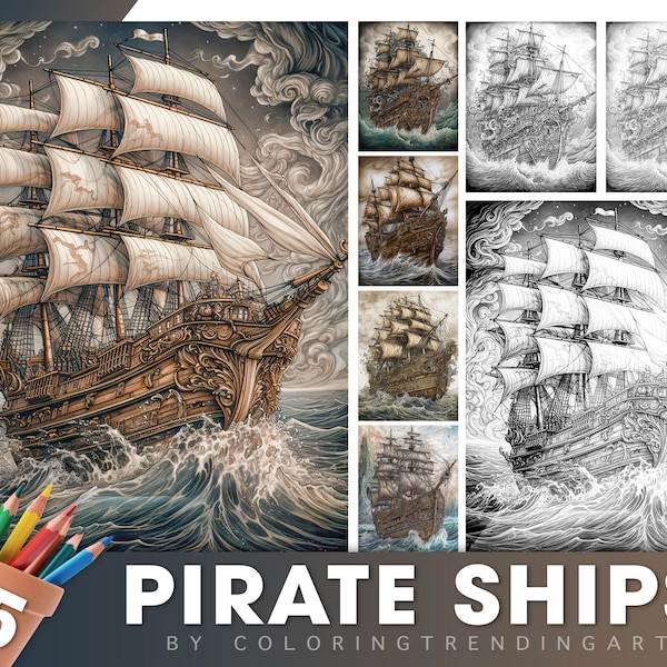 25 Pirate Ships Grayscale Coloring Pages for Adults, Kids, Instant Download, Dark/Light Illustration PDF JPG