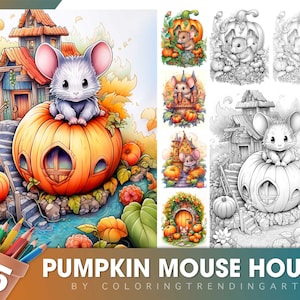 25 Pumpkin Mouse House Grayscale Coloring Pages for Adults, Halloween Coloring Page, Instant Download, Dark/Light Illustration PDF JPG