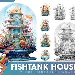 25 Fishtank Houses Grayscale Coloring Pages for Adults, Kids, Instant Download, Dark/Light Illustration PDF JPG