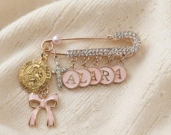 Personalized Baby Name Pin, Saint Christopher Safety Pin Brooch, Custom Name Charm, Baptism Christening Gift, Pink Bow Cross Pearl