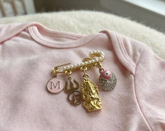 Personalized Hindu Baby Pin – Ganesha, Trishul & Evil Eye Charm | Custom Initial, Gold Newborn Keepsake