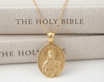 Sacred Heart of Jesus Necklace, Gold Religious Pendant, Catholic Medallion Jewelry, Christian Faith Gift, Jesus Christ