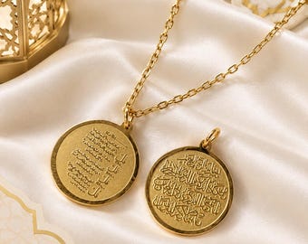 Wa In Yakad Necklace sura, Nazar Protection Pendent & 4 Quls, Double Sided Quran Verse penden Gold plated Stainless Steel, Muslim gift