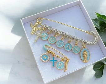 Personalized Baby Pin: Baptism Gift Set - Virgin Mary, Golden Angel and enamel cross