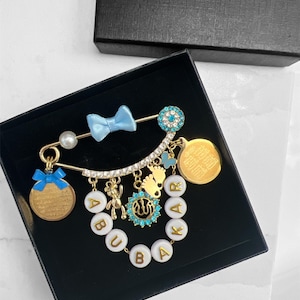Personalized 4 Qul, Ayatul Kursi, Allah, Pink, Blue, Diamante, Baby Pins, Islam and Muslim Baby Pins, Allah Pin gift