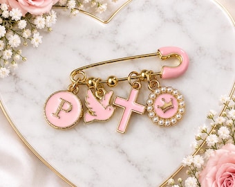 Baptism Gift for Baby Boy or Girl, Personalized Initial Safety Pin Brooch, Christening Keepsake, Dove Cross Crown Charm, Christmas Gift
