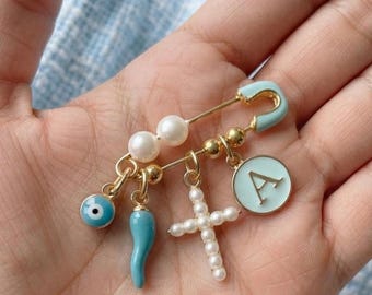 Evil Eye Baptism Pin, Baby Safety Pin Keepsake, Personalized Initial Charm Pin, White Pearl Cross Pin, Baptism Gift, New Baby Protection Pin