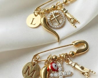 Italian Horn Evil Eye Safety Pin Charm, Personalized Initial Cornicello Cross Pin, Gold Baby Protection Pin, Baptism Christening Gift