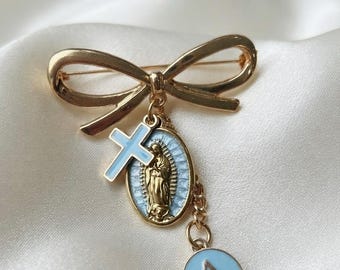 Baptism Gift,  Bow Brooch with Virgin Mary Medal, Aqua blue Cross Pin, Personalized Initial Charm, Christening Gift, Godchild Keepsake