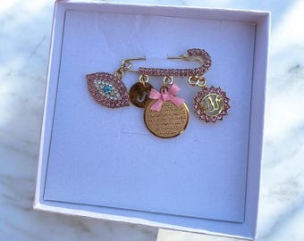 Custom Muslim Baby Pin: Ayatul Kursi, Evil Eye, Initial Charm
