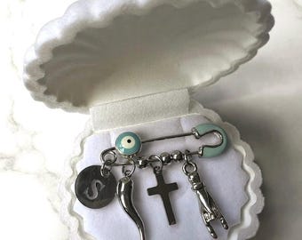Personalized Baby Protection Pin | Italian Horn, Evil Eye, Cross Charm (Custom Initial)