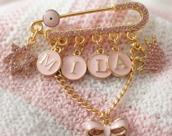 Personalized Jewish Baby Protection Keepsake – Custom Name Pin with Evil Eye & Star of David