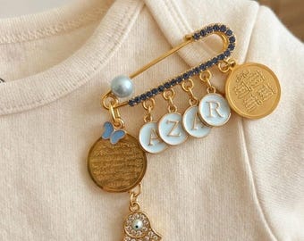 Personalized Islamic Baby Pin – Hamsa, Ayatul Kursi & Evil Eye Charm | Custom Name, Blue Rhinestone, Newborn Keepsake Gift
