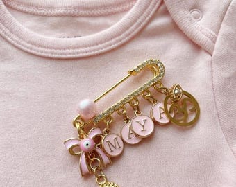Personalized Name Pin with Ganesha, Om & Evil Eye Charm, Custom Baby Name Safety Pin, Rhinestone Nazariya Pin, Hindu Baby Gift