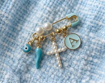 Evil Eye Baptism Pin, Baby Safety Pin Keepsake, Personalized Initial Charm Pin, White Pearl Cross Pin, Baptism Gift, New Baby Protection Pin
