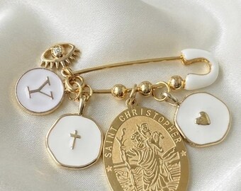 Personalized Baby Baptism Pin, Custom Initial Pin for Newborn, Saint Christopher protect us,angel, Cross, Evil Eye, Christening gift