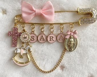 Personalized Baby Name Pin, Gold Rocking Horse & Bow Charm Brooch, Custom Name Cross Virgin Mary Medal, Baptism