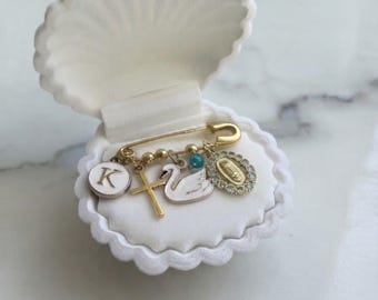Bridal Bouquet Charm Pin, Something Blue Wedding Keepsake, Our Lady of Guadalupe Swan Cross Personalized Initial Gift for Bride
