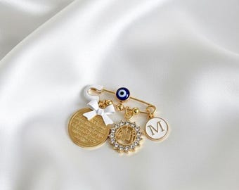 Custom Muslim Baby Pin: Ayatul Kursi, Allah ,Evil Eye, Initial Charm