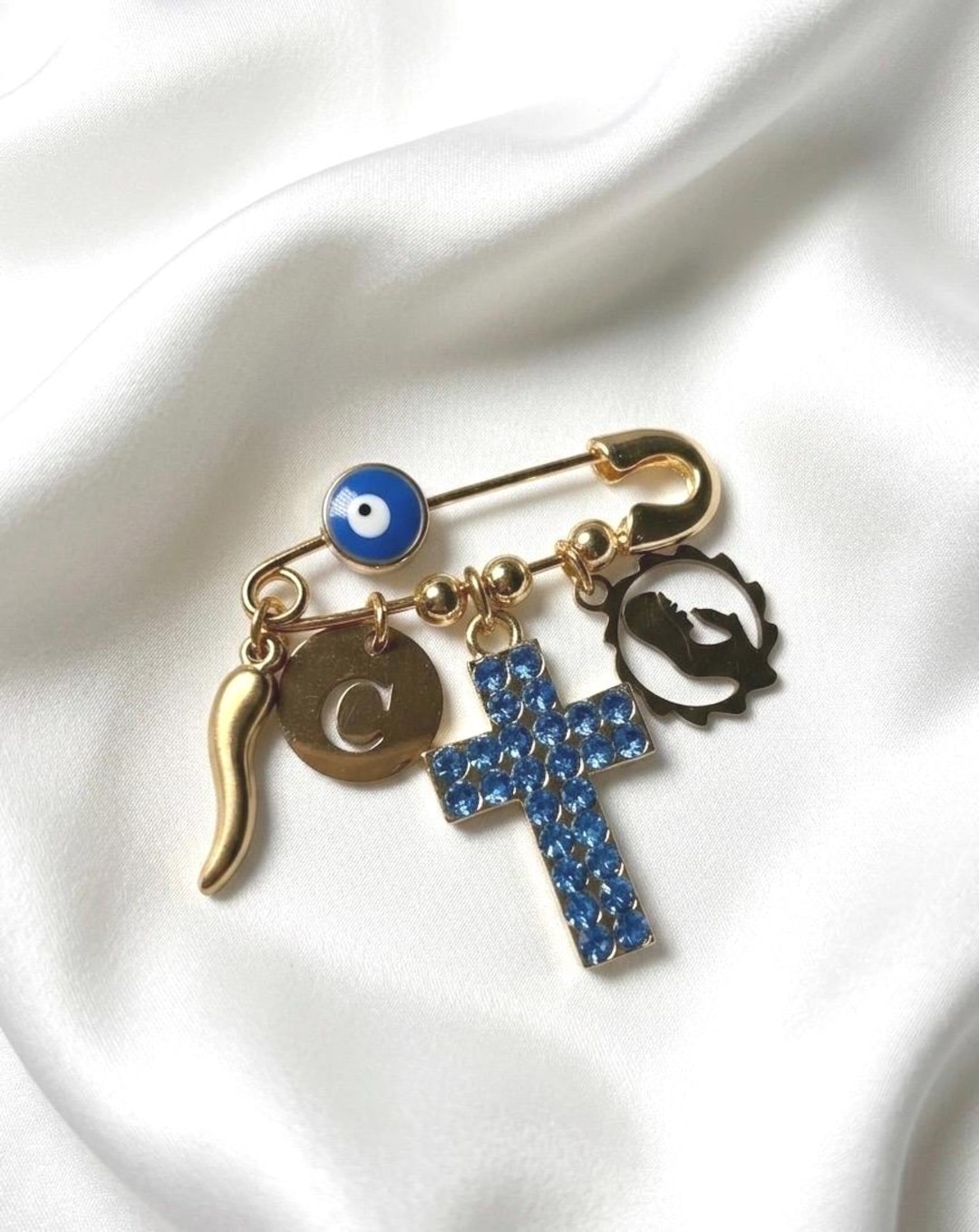 Personalized Baptism Pin • Blue Crystal Cross, Initial Charm, Virgin ...