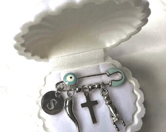 Personalized Baby Protection Pin | Italian Horn, Evil Eye, Cross Charm (Custom Initial)