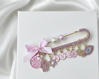 Personalized stroller Baby name Pin, Jewish Keepsake with Shema Yisrael , Star of David and evil eyes
