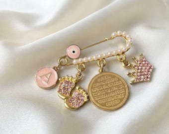 Cusom Ayatul Kursi  Baby Pin | Personalized Islamic Stroller Pin with Evil Eye, Pearl pin, Crystal Crown Charm | Newborn Nazar Gift