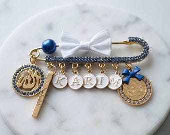 Personalized Islamic Stroller Pin, Allah, Mashallah, 4 Qulls Dua, Evil Eye Protection Baby Pin, Custom Name Gold Nazar Muslim Baby Gift