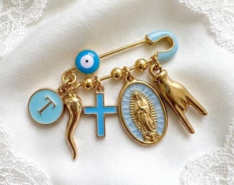 Italian protection pin, Baptism Pin with Virgin Mary, Italian Horn, baby shower gift, mano cornuto charm
